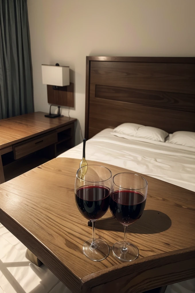 two glasses of wine on a table, a bed in the background in an exotic space