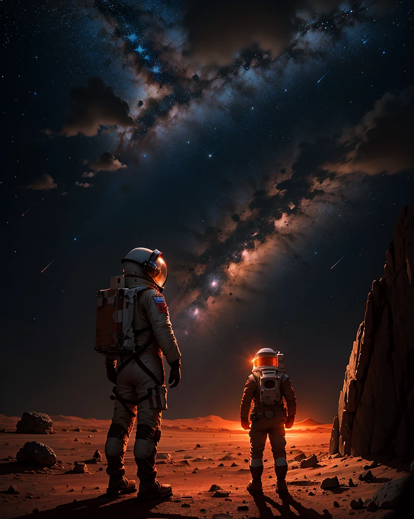 Create a painting of a single astronaut standing on Mars at night. The environment should be very rocky, with numerous stones scattered around. The Martian terrain is illuminated by the faint light of distant stars and the astronaut's headlamp. The sky is dark and filled with stars, highlighting the reddish hue of Mars' surface.