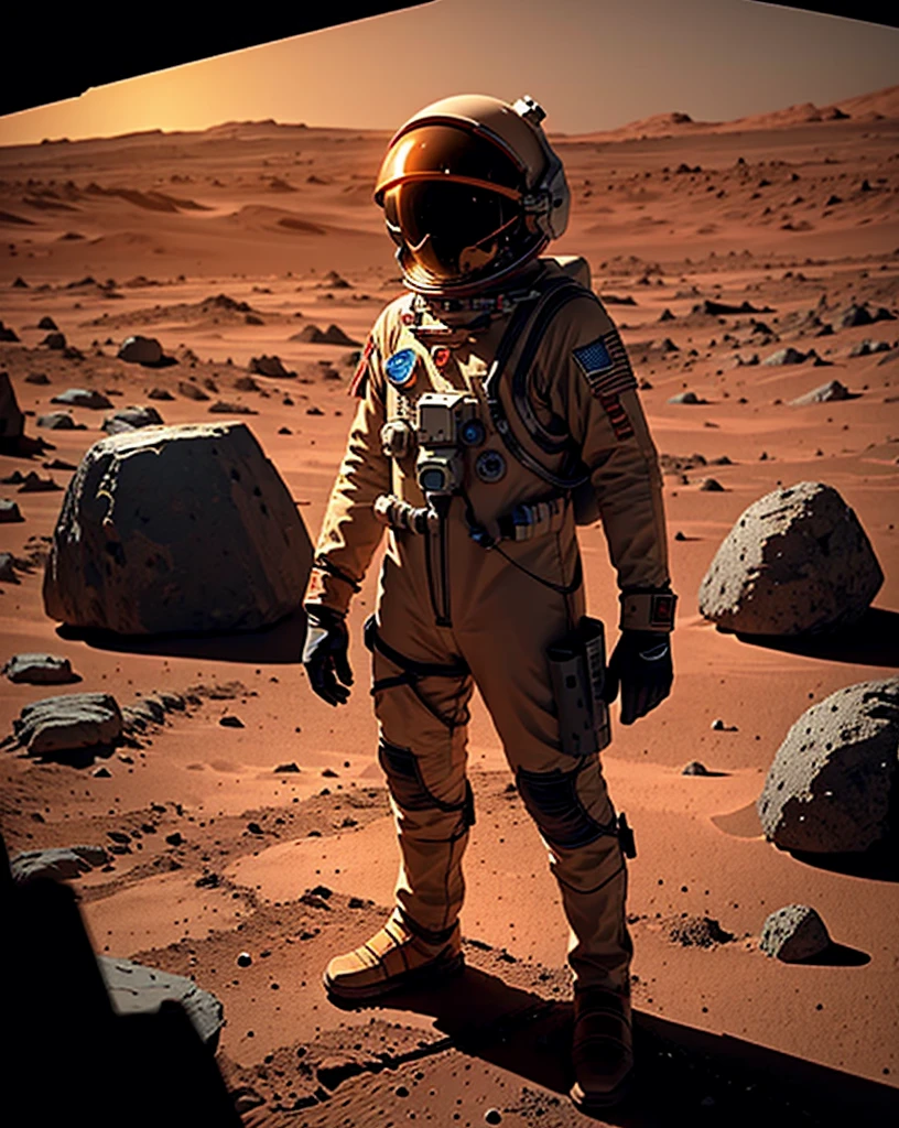 Create a painting of a single astronaut standing on Mars at night. The environment should be very rocky, with numerous stones scattered around. The Martian terrain is illuminated by the faint light of distant stars and the astronaut's headlamp. The sky is dark and filled with stars, highlighting the reddish hue of Mars' surface.