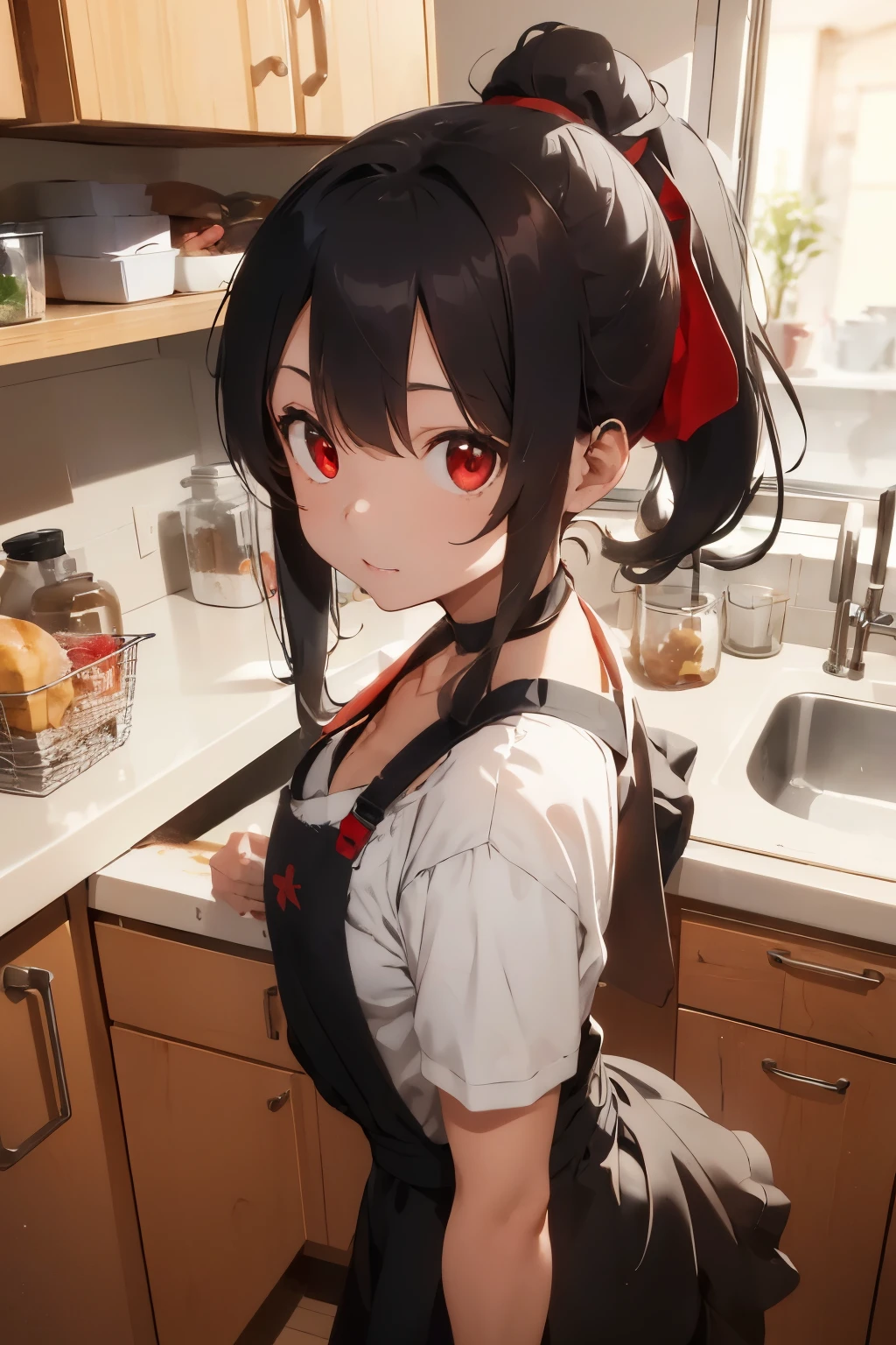 A cute girl with a long black ponytail with red eyes, making a mess in the kitchen