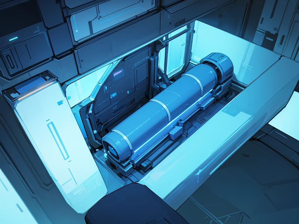 dark scientific labotory, large empty blue glowing Hypersleep tube Chamber, background only, sci-fi