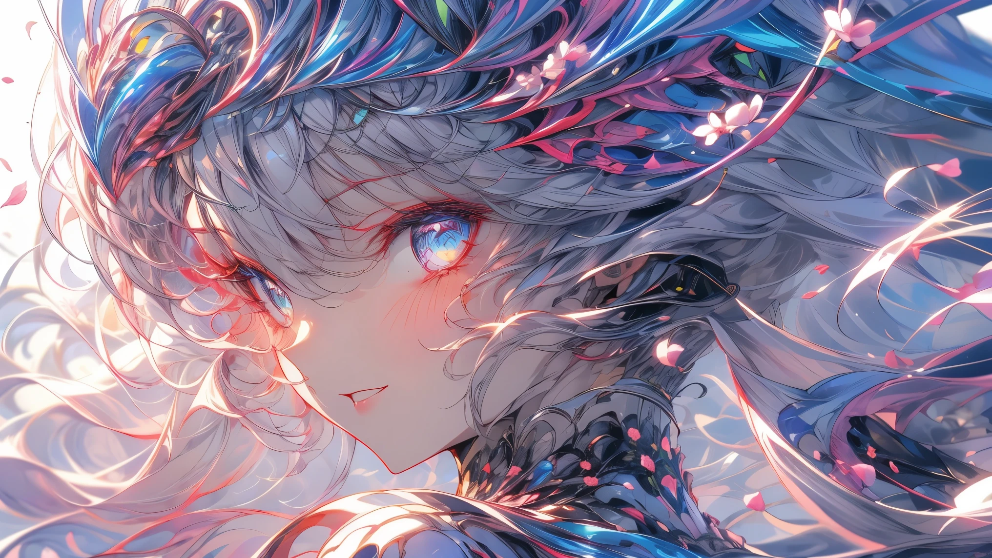 (White background:1.4),(white dirt road, oriental elements)，(Spring nature illustration:1.3，paper art:1.3, Quilted Paper Craft:1.2),( reasonable design, Clear lines, high sharpness,Best Quality, Very detailed, Mesa, Movie light effects, 4k )(cherry leaves、cherry blossoms in spring:1.0)、Many cherry blossoms flutter、wind、background with、spring、Girl looking left、rose petals、A lot of cherry petals.、very light pink hair、long
