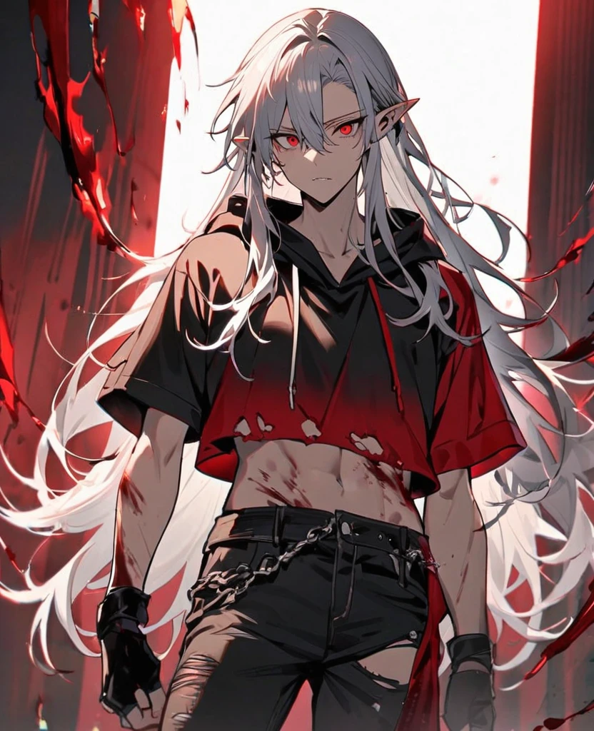 Male,5'4,pierced pointy ears,light skin,red eyes, white ombre long hair half up half down,black albow length fingerless gloves,ripped red short sleeve cropped hoodie,black tight shirt,ripped black jeans,covered in blood