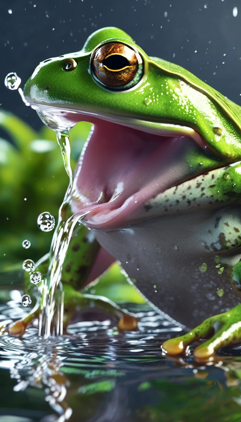 best quality, very high resolution, 4K detailed CG, masterpiece, frog spitting water, frog spouting water, frog vomiting water