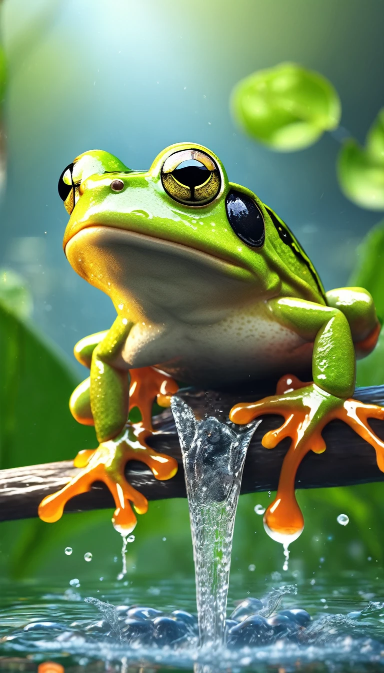 best quality, very high resolution, 4K detailed CG, masterpiece, frog spitting water, frog spouting water, frog vomiting water