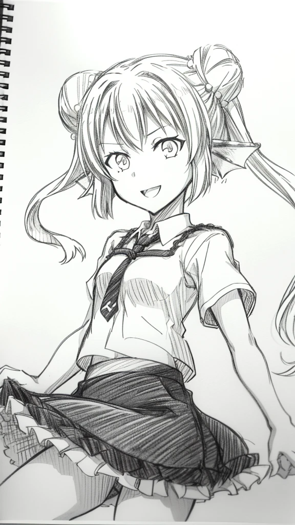 1girl,20 years old,solo,(sketch, monochrome, greyscale, traditional media,),long hair,white hair,finana,twintails,((white shirt,short sleeves,black standart tie,black skirt)),open mouth,outstretched hand,smile,double bun,(from front)