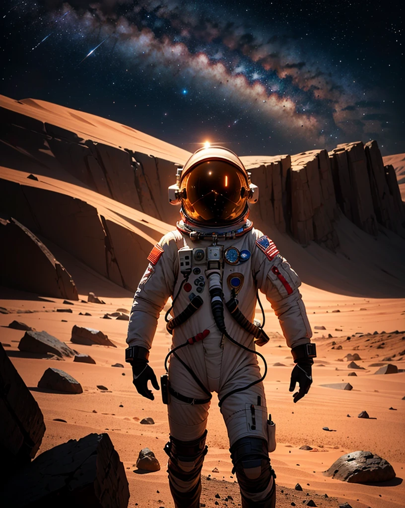 Create a painting of a single astronaut standing on Mars at night. The environment should be very rocky, with numerous stones scattered around. The Martian terrain is illuminated by the faint light of distant stars and the astronaut's headlamp. The sky is dark and filled with stars, highlighting the reddish hue of Mars' surface.