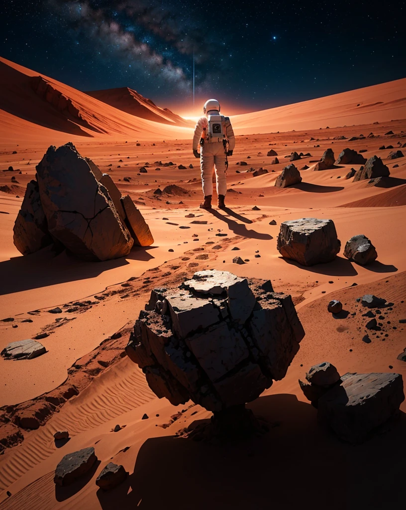 Create a painting of a single astronaut standing on Mars at night. The environment should be very rocky, with numerous stones scattered around. The Martian terrain is illuminated by the faint light of distant stars and the astronaut's headlamp. The sky is dark and filled with stars, highlighting the reddish hue of Mars' surface.
