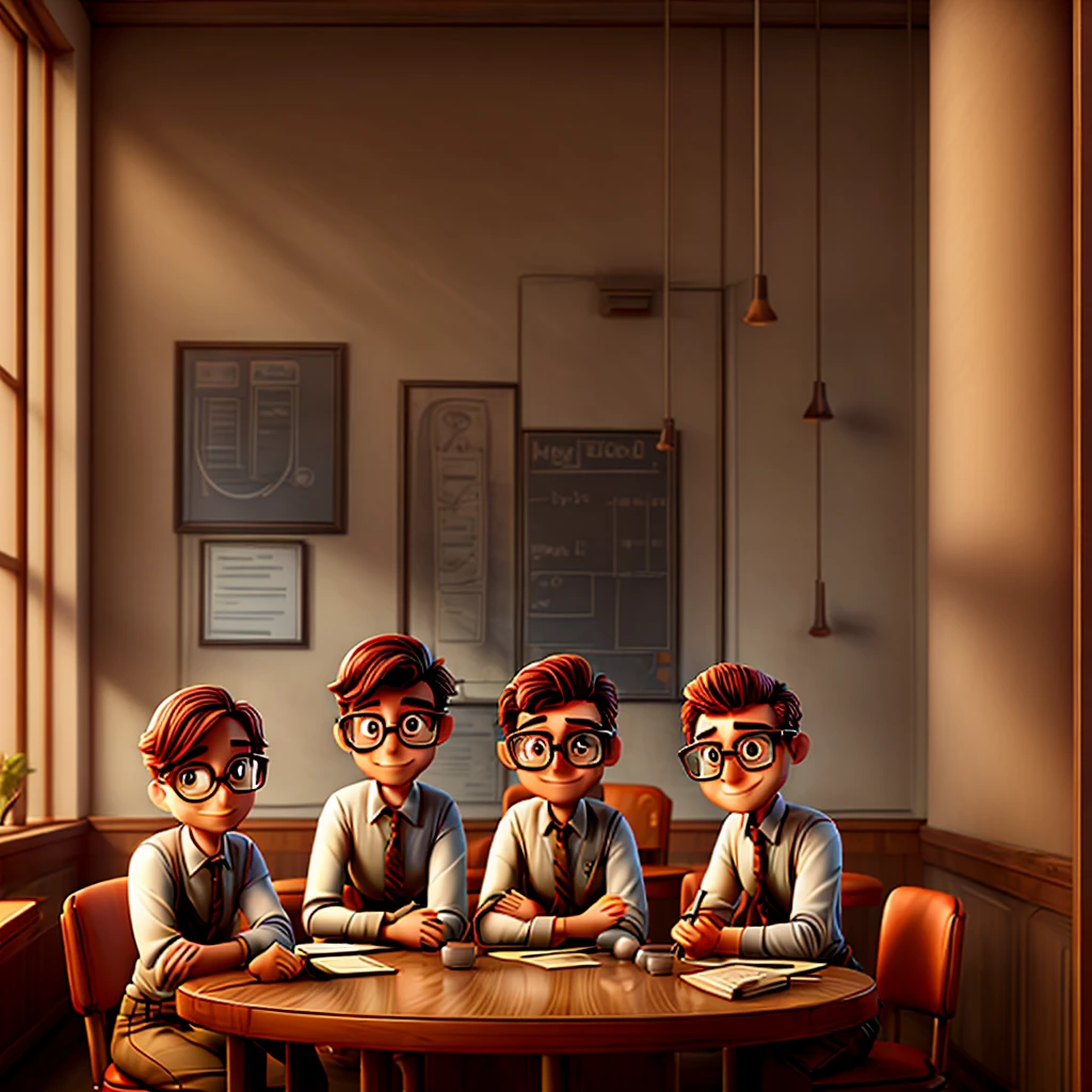 Three engineers, sitting at a table in a restaurant. Two with glasses one without glasses.