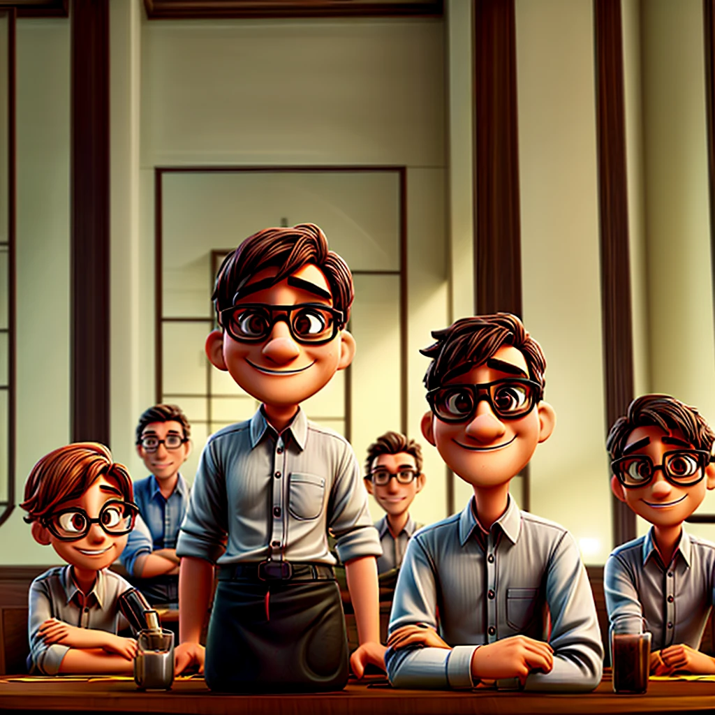 Three engineers, sitting at a table in a restaurant. Two with glasses one without glasses.