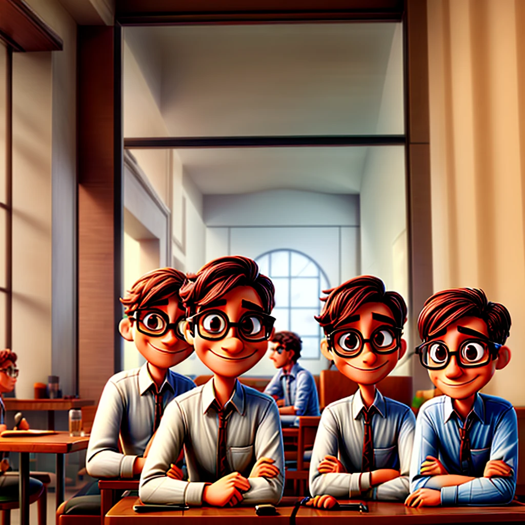 Three engineers, sitting at a table in a restaurant. Two with glasses one without glasses.