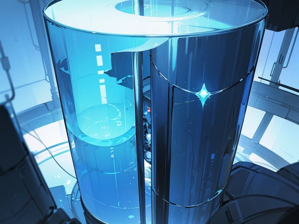 dark scientific labotory, large empty blue glowing Hypersleep glass vertical tube Chamber, background only, sci-fi