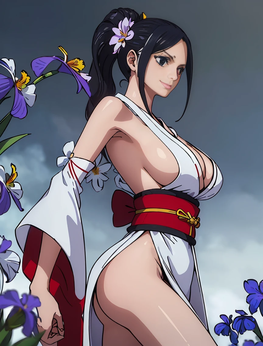 ((((Very nice smile))))、((Direct your gaze this way))、1 girl,,(one peace wanokuni edition)、((ponytail、Red ribbon on the tie)) 、((they say olobi))、((A very  mini kimono　dress with a large slit、(((Kimono obi)))、(((The white kimono is decorated with purple iris flowers)))、((Wearing a black haori with a red lining)), )):1.2, White costume,((Short costume)),nico robin,(ONEPIECE),(( 1.8)), clavicle, Glowing purple eyes,absurdists, brainwashing,Hollow Eyes, ((Expressionless, Emotional removal)),avert your eyes , Full body portrait, Outdoor,Dim Alley,night, (highest quality、4K、8K、High resolution、Must have:1.2)、Very detailed、(reality、It is realistic.、Realistic:1.37)、ticker、hyper HD、Studio Lighting、Ultra High Definition Paint、Sharp focus、Physically Based Rendering、Extreme Detail、Professional specifications、Vibrancy and color、Blurred、Sports portrait、landscape、Horror Style、Anime Big 、sf、photograph、Concept Artist、Five Fingers, Perfect body,  {{{masterpiece}}}, {{{highest quality}}}, {{Very detailed}}, {shape}, {{Very delicate and beautiful}},Improved cost performance、all roles、Canon 5D MK4でphotograph、photograph, ((((The back is surrounded by many flowers on the vast grassland、She is centered in the frontal shot、ダイナミックポーズ))))