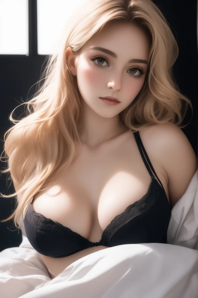 , headshot, 1girl, beautiful, laying on a silk bed, laying under bedsheets, laying on back, in a bedroom, black background,  (((early morning))), off the shoulder top,  slipping off, BREAK
((messy hair)), large , makeup, long hair, pale skin, fair skin, white skin, blonde, BREAK
