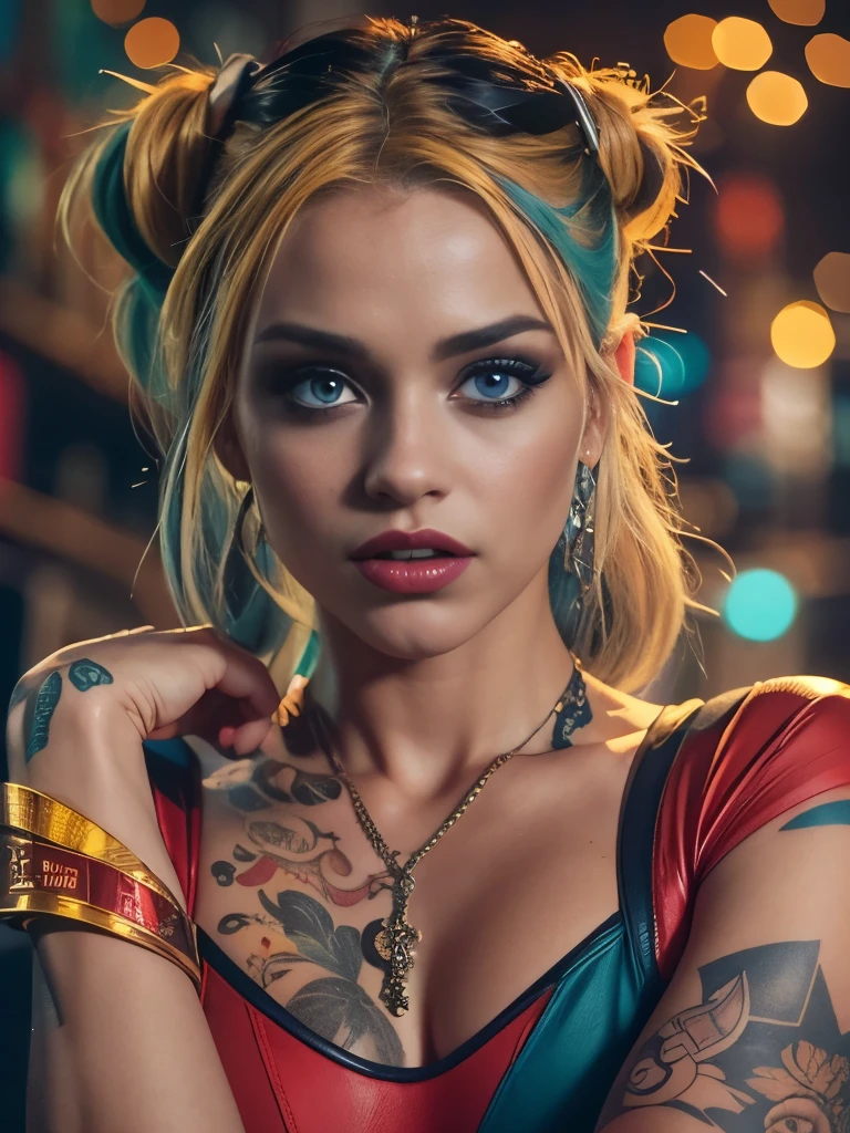 (best quality,4k,highres,masterpiece:1.2),ultra-detailed,realistic:1.37,full body shot,one photorealistic Harley Quinn, pose from various angle, vibrant colors, sharp focus, dynamic lighting, detailed outfit, makeup, provocative expression, intricate tattoos, detailed facial features, elaborate props, contrasting background, cinematic composition, intense gaze, confident stance, seductive atmosphere, professional photography, studio lighting, grungy aesthetic, comic book style. Laughing out loud..BREAK
Perfect anatomy.
perfect hair.
perfect breast.
perfect body.
perfect hands.
perfect face.
perfect eyes.
accurate.
anatomically correct.
BREAK
Sony A9 II and a 85mm f/1.8 GM lens. Summer Time scenery.