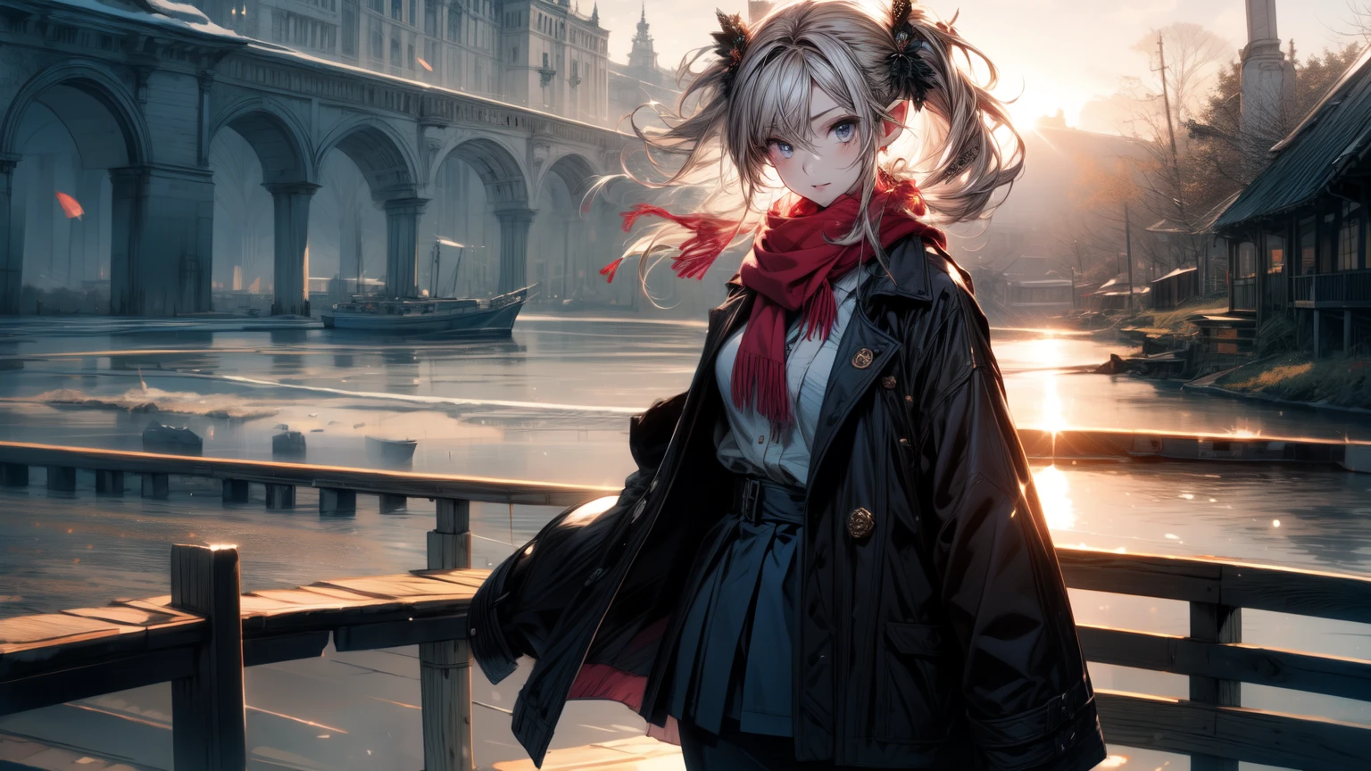 ((masterpiece )), (top quality), (best quality), ((ultra-detailed, 8k quality)), Aesthetics, Cinematic lighting, (detailed line art), BREAK, highly detailed of (elf), (1girl), perfect face, details eye, double pigtails hair, Blunt bangs, (hair between eye), blonde white hair, blue eyes, eyelashes, eyeshadow, pink eyeshadow, light smile, design art by Artgerm, by Kawacy, By Yoshitaka Amano, BREAK, (scarf), coat, jumper, sweater, cables, cables composition, fishermans rib, woolen material, open coat, legging, (white boots), cowboy shot, dynamic angle, looking at viewer, showing her hand out, (morning sun background, (Winter Creek background)), amano yoshitaka, BREAK, ((perfect anatomy)), nice body, medium breast, extremely detailed finger, best hands, perfect face, beautiful face, beautiful eyes, perfect eyes, perfect fingers, correct anatomy,