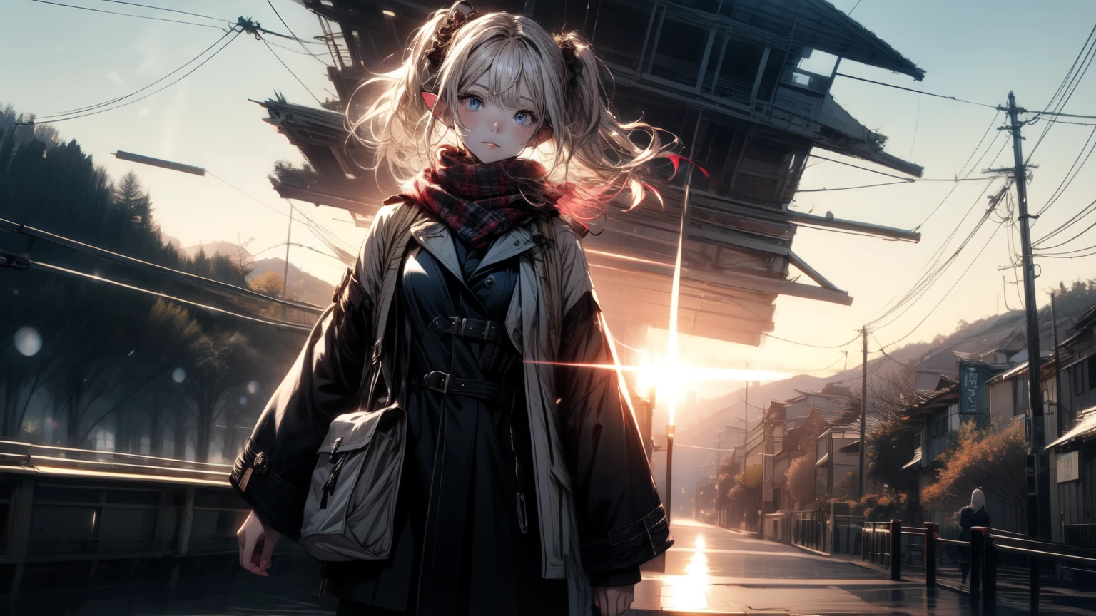 ((masterpiece )), (top quality), (best quality), ((ultra-detailed, 8k quality)), Aesthetics, Cinematic lighting, (detailed line art), BREAK, highly detailed of (elf), (1girl), perfect face, details eye, double pigtails hair, Blunt bangs, (hair between eye), blonde white hair, blue eyes, eyelashes, eyeshadow, pink eyeshadow, light smile, design art by Artgerm, by Kawacy, By Yoshitaka Amano, BREAK, (scarf), coat, jumper, sweater, cables, cables composition, fishermans rib, woolen material, open coat, legging, (white boots), cowboy shot, dynamic angle, looking at viewer, showing her hand out, (morning sun background, (Winter Creek background)), amano yoshitaka, BREAK, ((perfect ???????)), nice body, medium breast, extremely detailed finger, best hands, perfect face, beautiful face, beautiful eyes, perfect eyes, perfect fingers, correct ???????,
