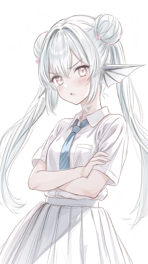 1girl,20 years old,solo,long hair,white hair,finana,twintails,double bun,((white shirt,short sleeves,standart tie,skirt)),(white background,sketch), angry, blush, crossed arms,((looking at view,from front))