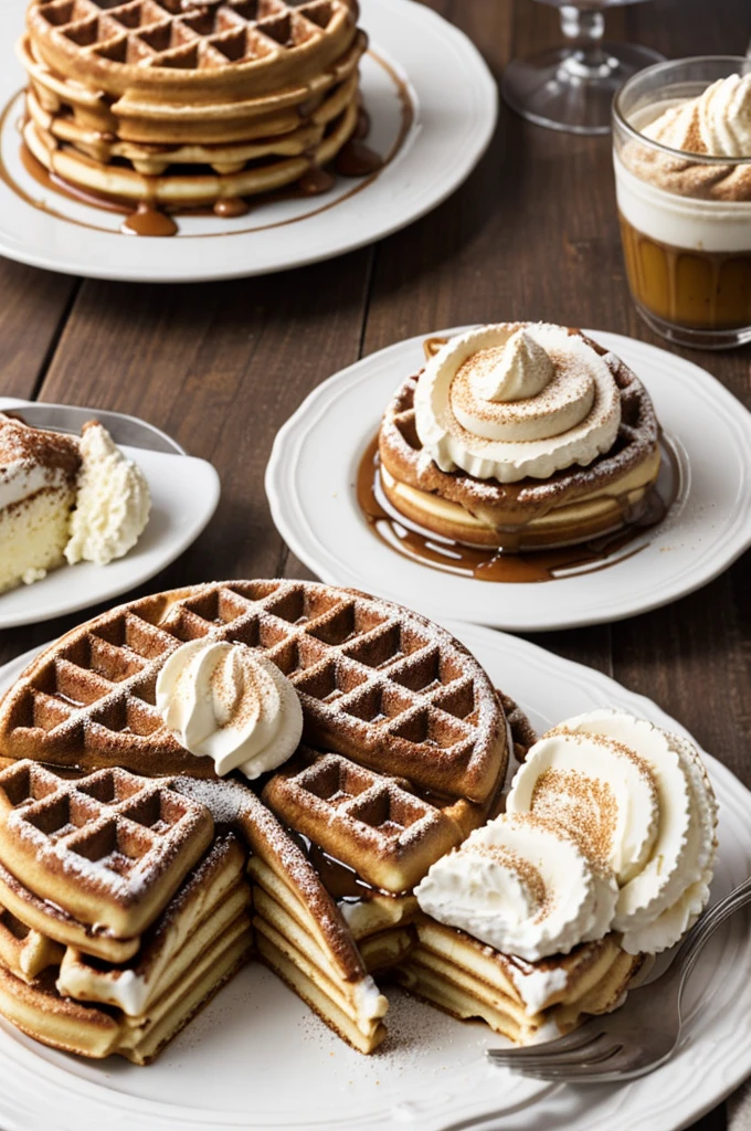 Create a table on which a plate is placed containing waffles and another with a portion of tiramisu on the same table