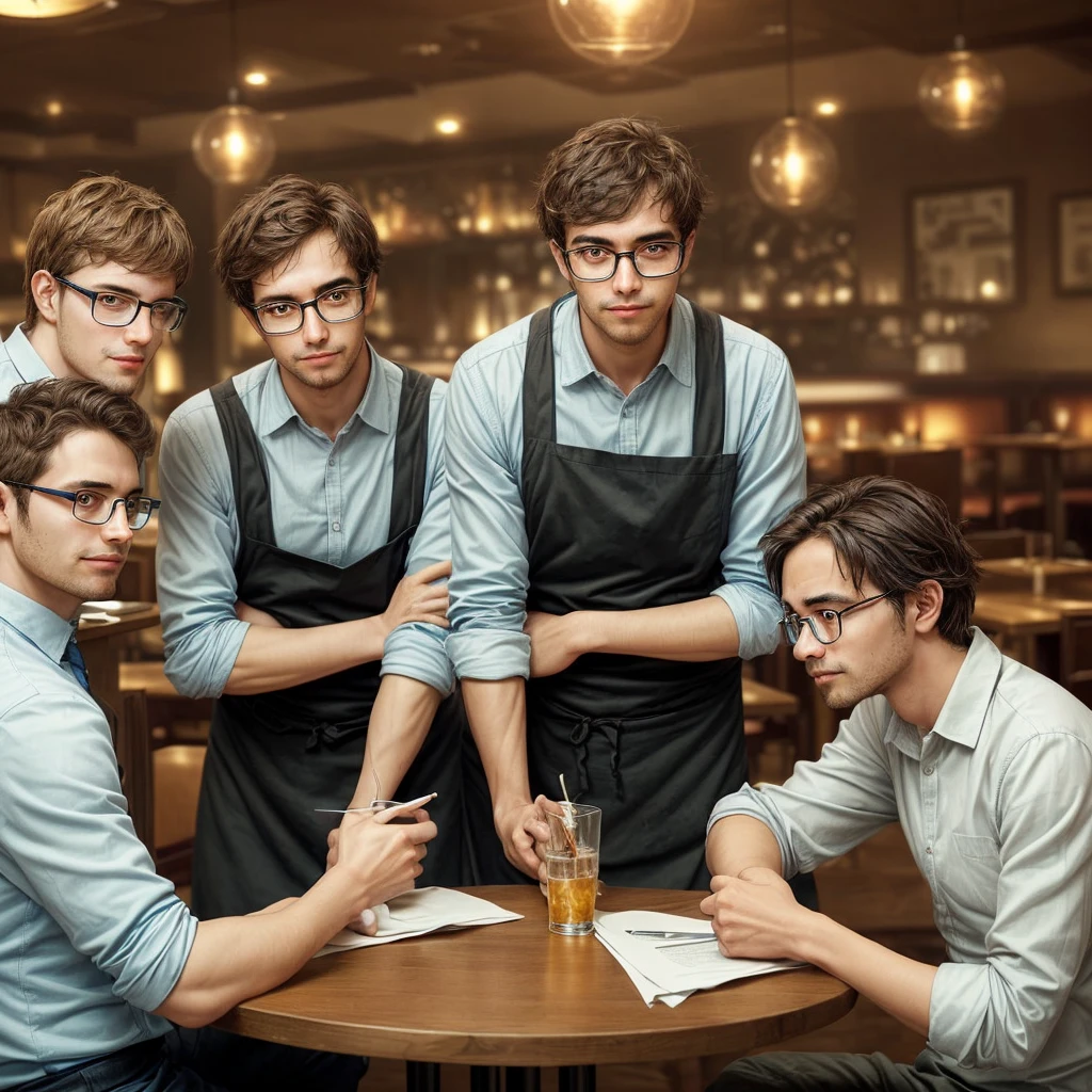 Three engineers, sitting at a table in a restaurant. Two with glasses one without glasses. 