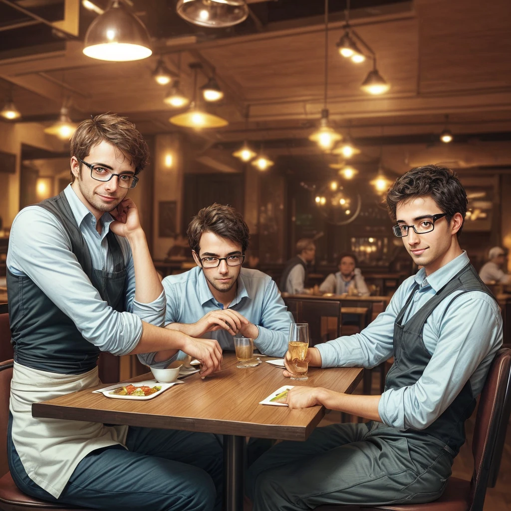 Three engineers, sitting at a table in a restaurant. Two with glasses one without glasses.