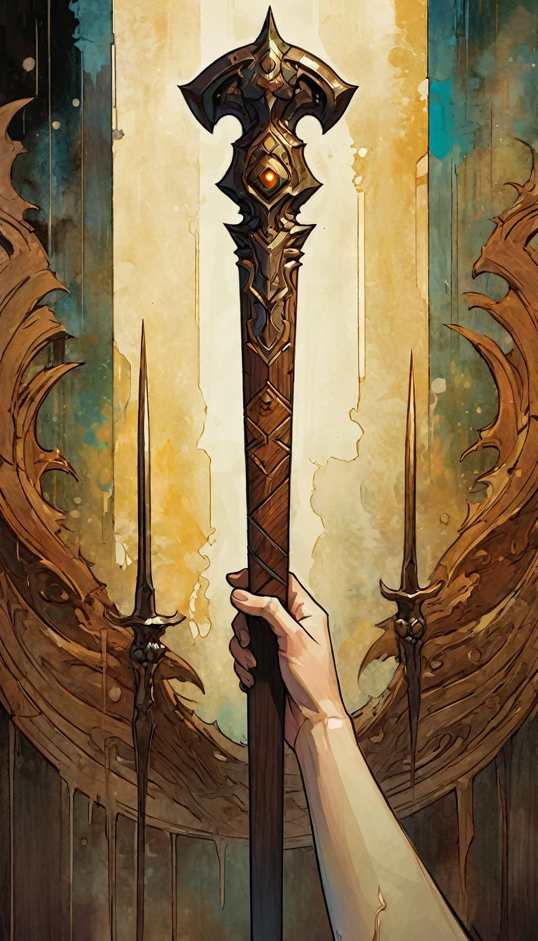 a hand holds a big fat cut wooden weapon stick (art inspired by Bill Sienkiewicz, intricate details, oil painting)