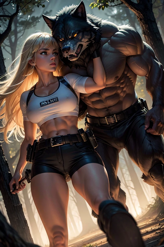 A muscular and wild black werewolf and a beautiful and perfect blonde police girl in uniform and armed in a night forest running boldly together