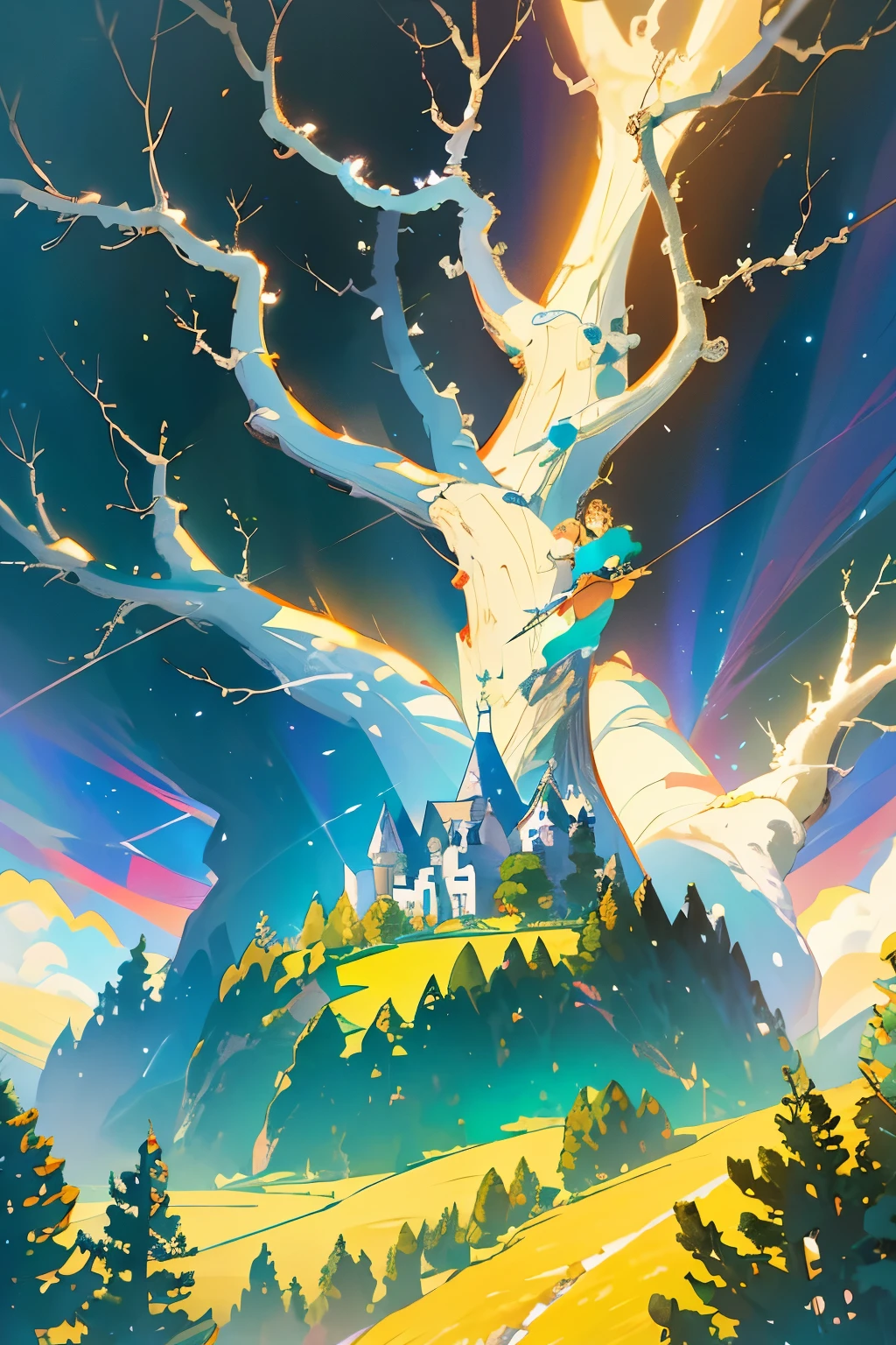 "Masterpiece in Pixar-Disney style, a breathtaking 3D animation image in Ultra HD of the enchanting Ardenwood village, nestled serenely within a verdant valley. The landscape boasts towering ancient oaks with golden leaves glowing under the sun, babbling brooks shimmering under the atmospheric lighting, and quaint houses adorned with thatched roofs, all meticulously detailed.
From a high-angle, bird's eye view, the serene and picturesque setting comes alive with vibrant colors and whimsical details. The ancient oaks stretch majestically, their branches creating intricate patterns against the sky. The