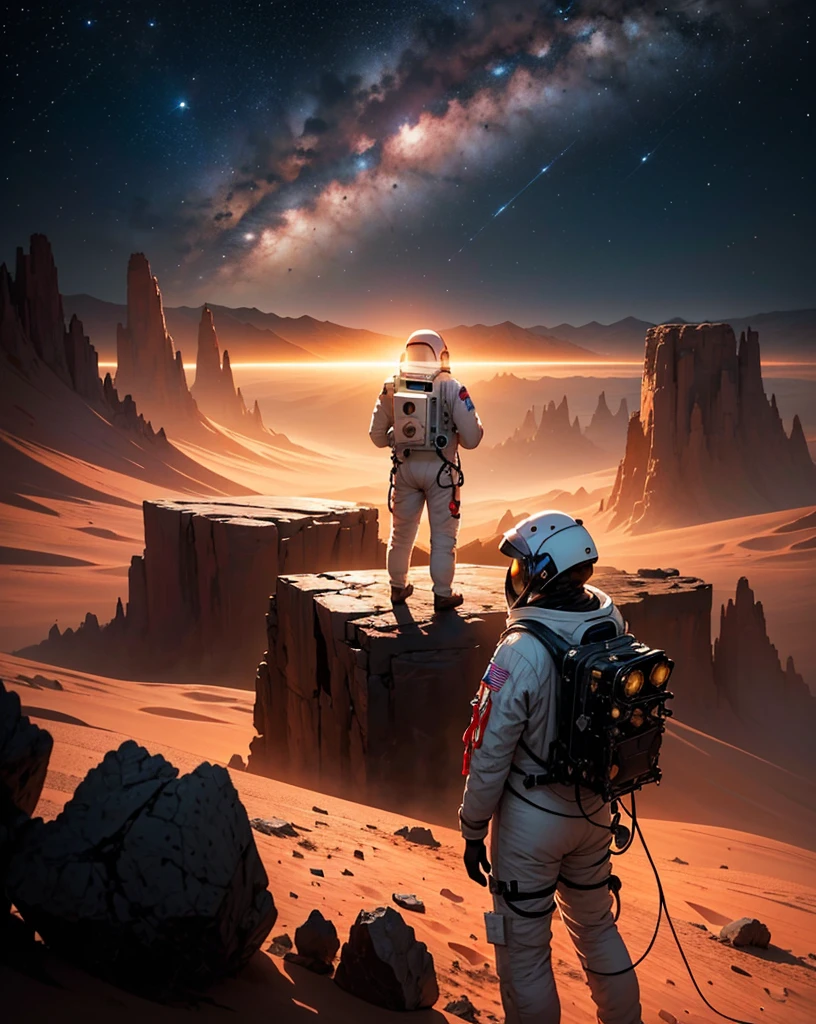 Create a painting of a single astronaut standing on Mars at night. The environment should be very rocky, with numerous stones scattered around and rocks and mountains surrounding the astronaut. The Martian terrain is illuminated by the faint light of distant stars and the astronaut's headlamp. The sky is dark and filled with stars, highlighting the reddish hue of Mars' surface