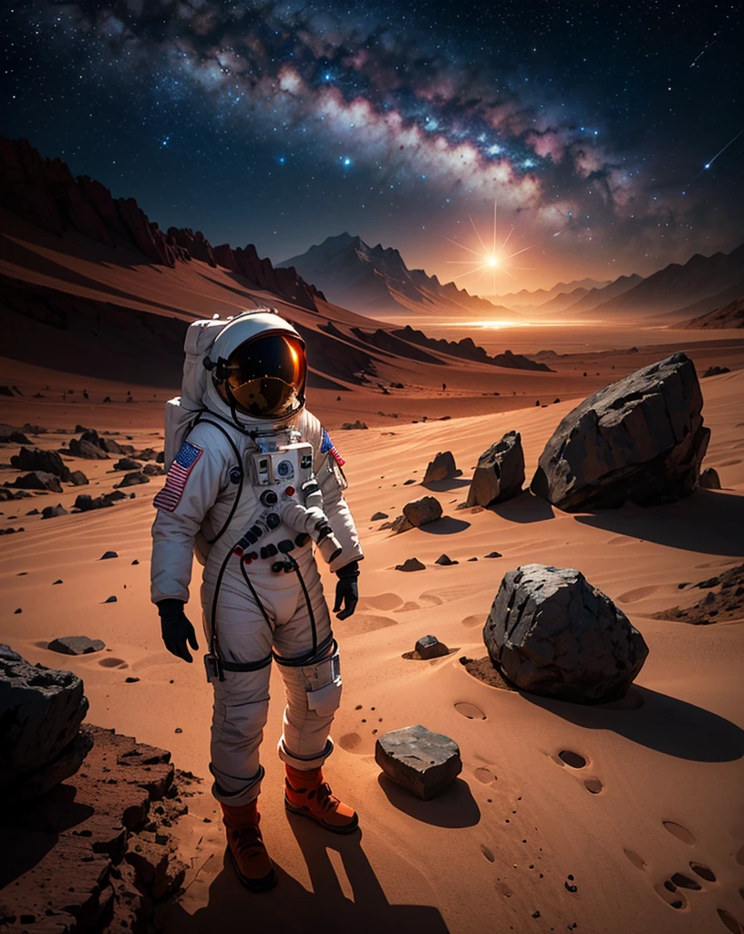 Create a painting of a single astronaut standing on Mars at night. The environment should be very rocky, with numerous stones scattered around and rocks and mountains surrounding the astronaut. The Martian terrain is illuminated by the faint light of distant stars and the astronaut's headlamp. The sky is dark and filled with stars, highlighting the reddish hue of Mars' surface