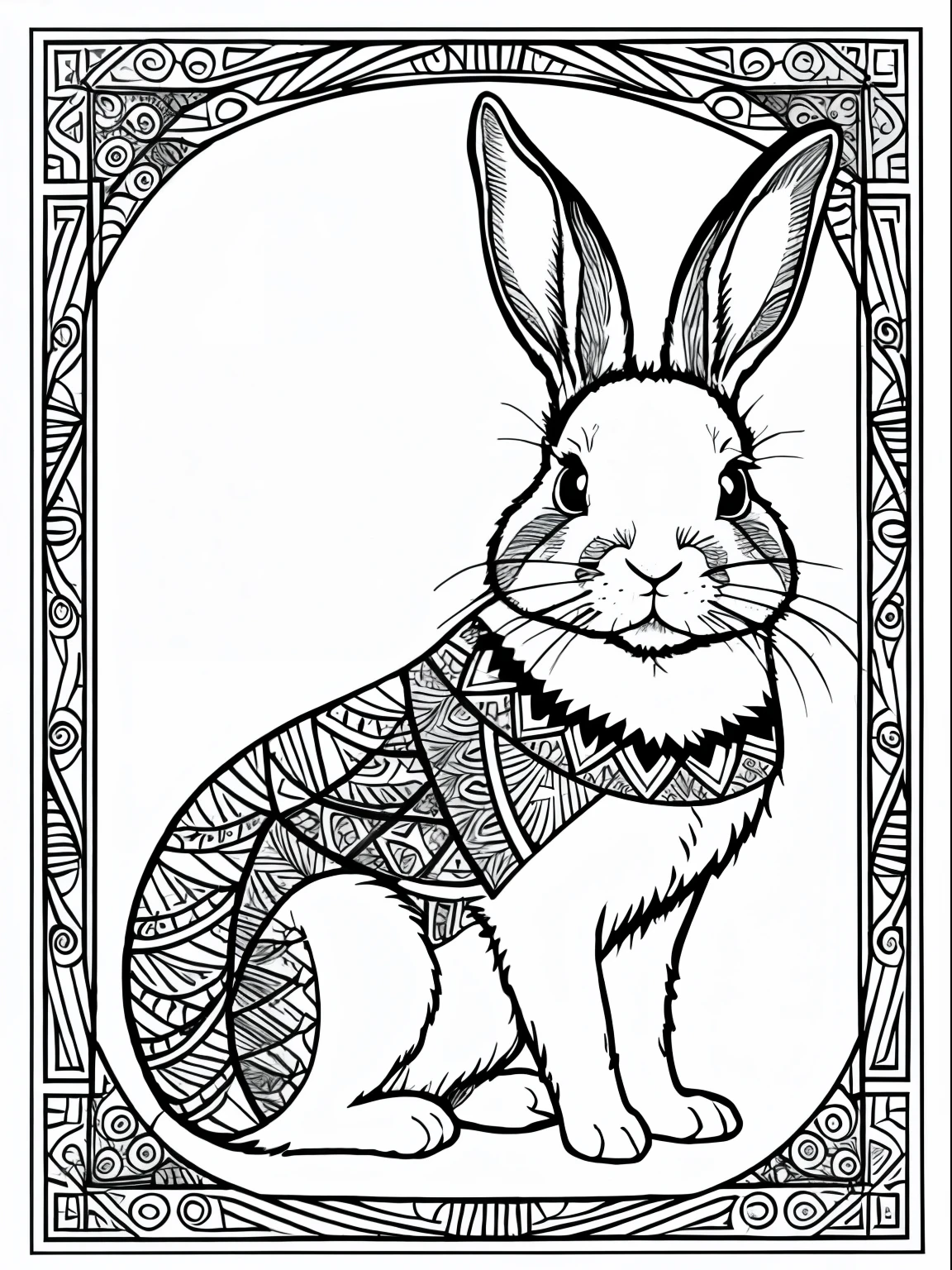 Create a picture for a bunny with intricate patterns inside of it, with sharp thick lines, for coloring book