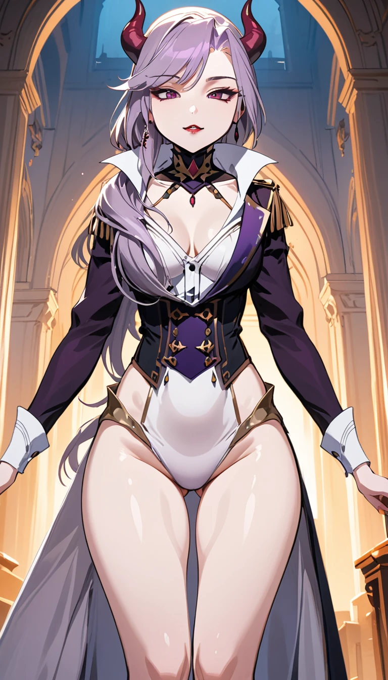 (masterpiece, best quality:1.2), 1girl, solo, Sonata, dragon girl with horns vampire and nimb, purple hair