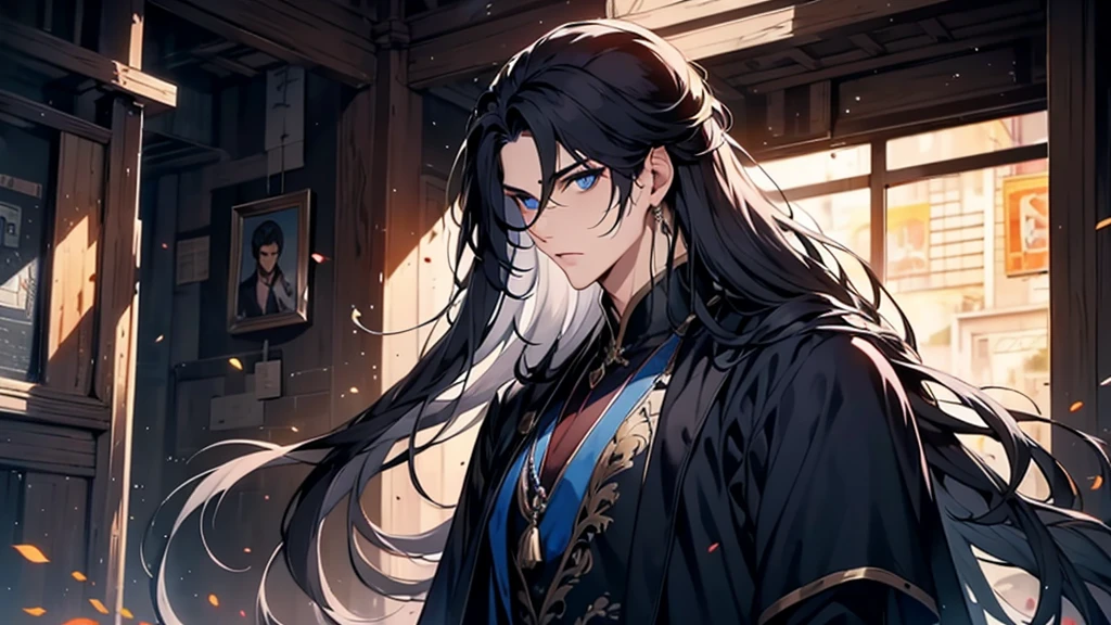 A man alone,Correct proportions,Facial details,Black robe,Clothing details,transfer,Long sleeve,Game quality,fencing,Ray Tracing,Ray Tracing,Delicate glow,CG Rendering,Hair details,Black long hair,blue eyes,Handsome,Handsome,(The feeling of youth),The costumes are complicated,Perfect composition,Refinement,high quality,More details,Lots of details,Complex background,Sense of atmosphere,