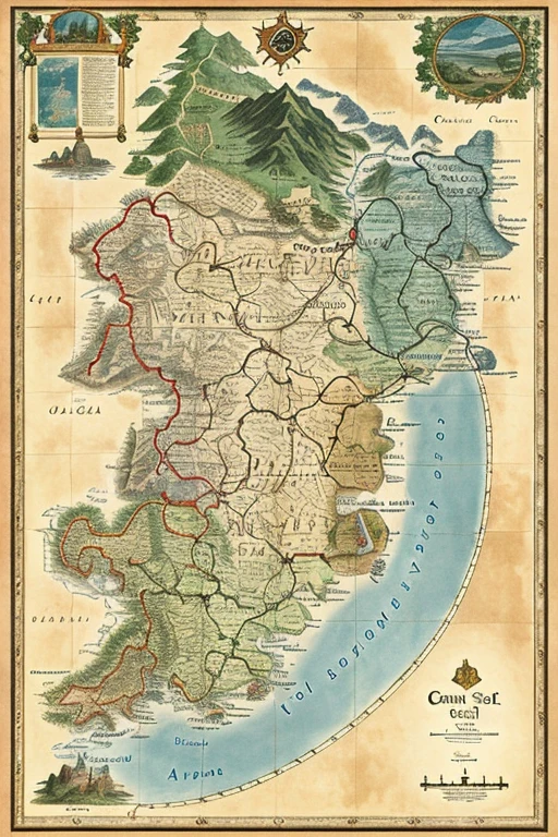 old map, fantasy style, seven cities with huts, a forest, two seas, a huge central city with castles, mountains , paths trees, distance between cities, each city separated by a river or forest, medieval cartography, without names 
