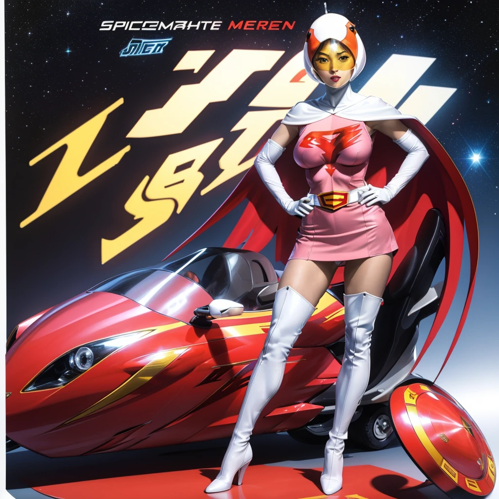 ANI_CLASSIC_jun_gatchaman_ownwaifu,1girl, 15yo,good anatomy, masterpiece, best quality,realistic, hyper realistic, 16k hdr, long hair,breasts,lips,large breasts,lipstick,makeup,gloves,cape,helmet,belt,elbow gloves,white gloves,mask,ultra miniskirt,leotard,spacesuit,white tight overknee highheels boots,pink dress,superhero,bodysuit,cleavage,erected nipples,(stand pose,hands on hip),(spread legs:1.1),cameltoe