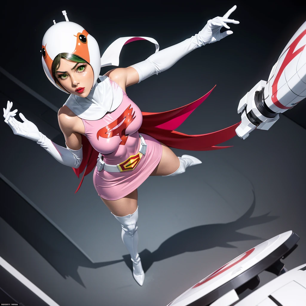 ANI_CLASSIC_jun_gatchaman_ownwaifu,1girl, 15yo,good anatomy, masterpiece, best quality,realistic, hyperrealistic, 16k hdr, long hair,breasts,green eyes,lips,large breasts,lipstick,makeup,gloves,cape,helmet,belt,elbow gloves,white gloves,mask,ultra miniskirt,leotard,spacesuit,white tight overknee highheels boots,pink dress,superhero,bodysuit,cleavage,erected nipples,(sexy pose,view from above),(spread legs:1.1),cameltoe