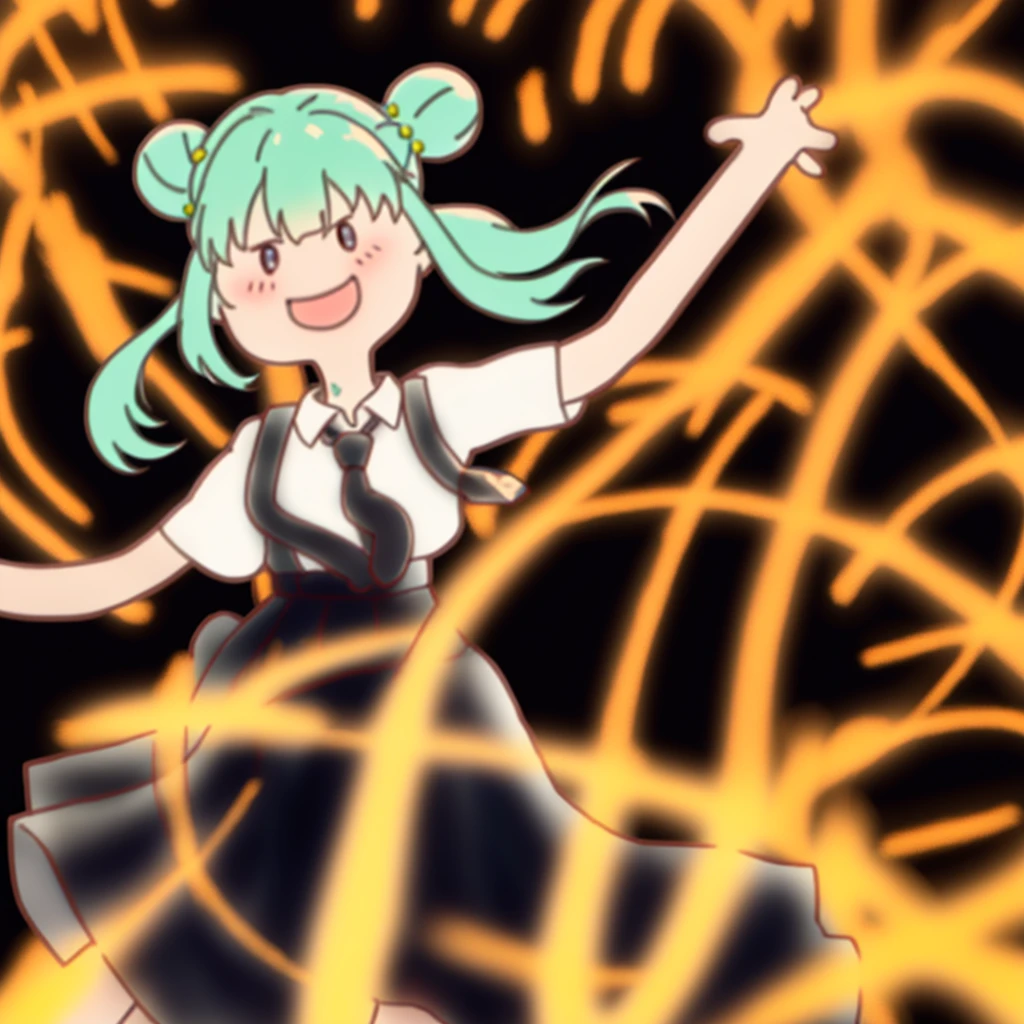 1girl,20 years old,solo,(sketch),long hair,white hair,finana,twintails,((white shirt,short sleeves,black standart tie,black skirt)),open mouth,outstretched hand,smile,double bun,(from front)