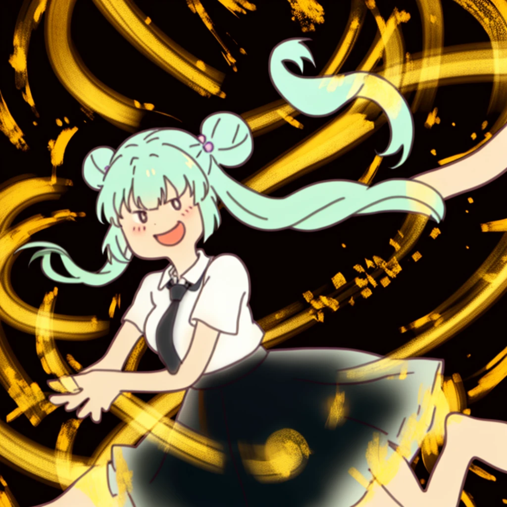 1girl,20 years old,solo,(sketch),long hair,white hair,finana,twintails,((white shirt,short sleeves,black standart tie,black skirt)),open mouth,outstretched hand,smile,double bun,(from front)