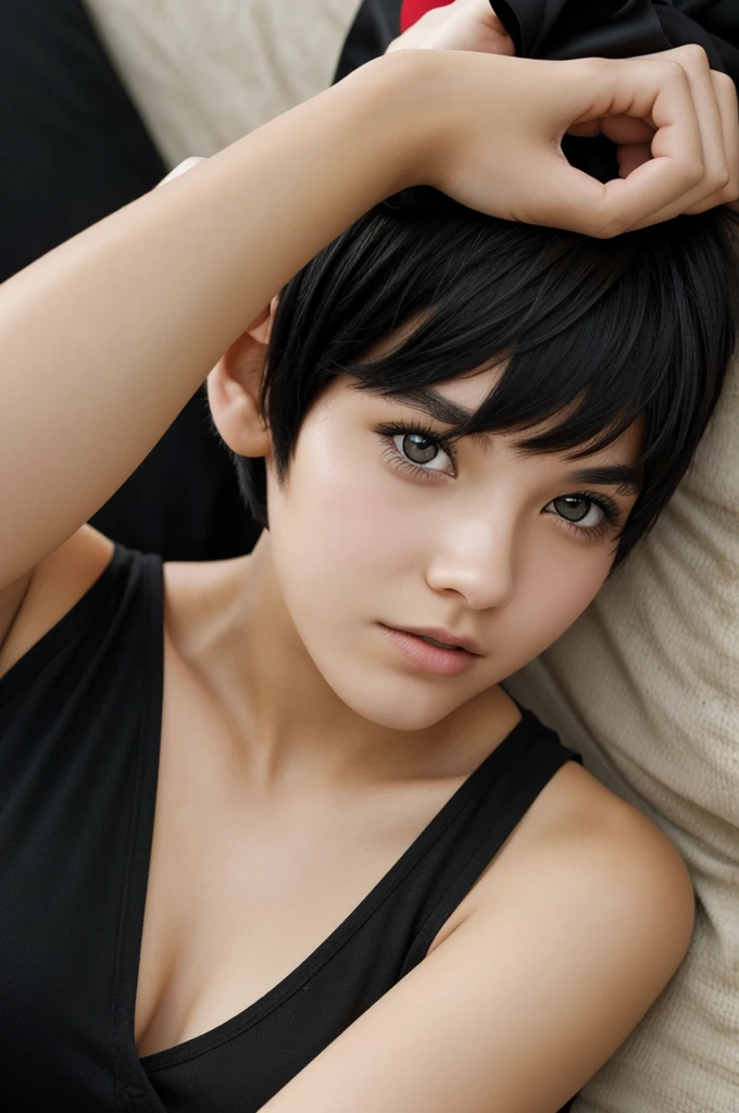16 year old girl with black and red short hair and black eyes