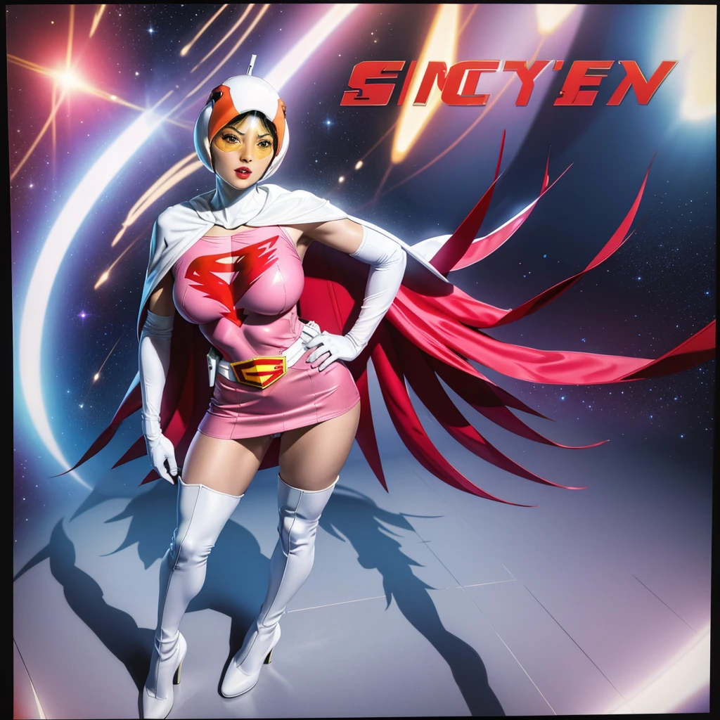 ANI_CLASSIC_jun_gatchaman_ownwaifu,1girl, 15yo,good anatomy, masterpiece, best quality,realistic, hyper realistic, 16k hdr, long hair,breasts,lips,large breasts,lipstick,makeup,gloves,cape,helmet,belt,elbow gloves,white gloves,mask,ultra miniskirt,leotard,spacesuit,white tight overknee highheels boots,pink dress,superhero,bodysuit,cleavage,erected nipples,(stand pose,hands on hip),(spread legs:1.1),cameltoe