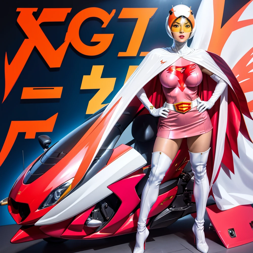ANI_CLASSIC_jun_gatchaman_ownwaifu,1girl, ,good anatomy, masterpiece, best quality,realistic, hyper realistic, 16k hdr, long hair,breasts,lips,large breasts,lipstick,makeup,gloves,cape,helmet,belt,elbow gloves,white gloves,mask,ultra miniskirt,leotard,spacesuit,white tight overknee highheels boots,pink dress,superhero,bodysuit,cleavage,erected nipples,(stand pose,hands on hip),(spread legs:1.1),cameltoe