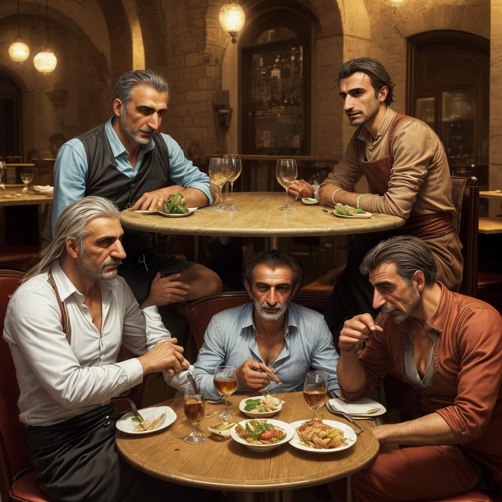 A German, a Turk and an Italian sitting at a table in a restaurant.