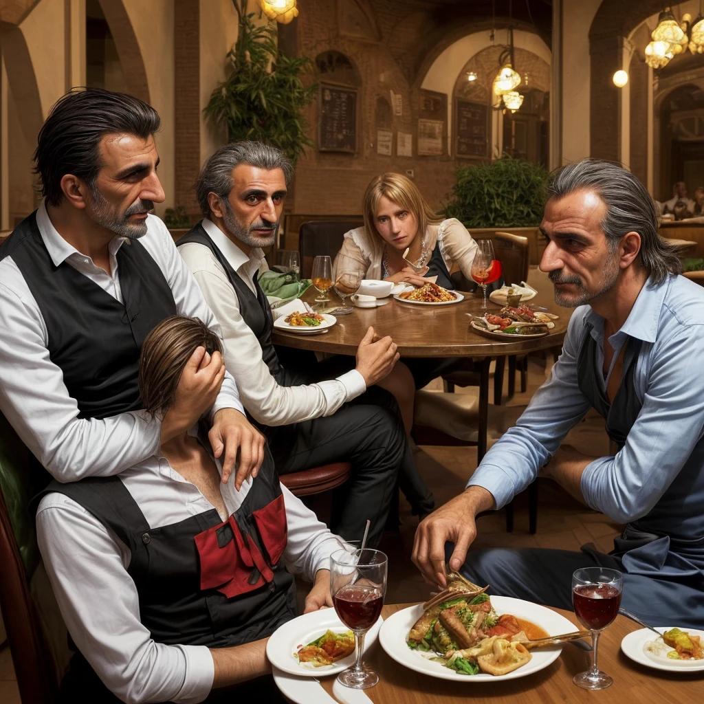 A German, a Turk and an Italian sitting at a table in a restaurant.