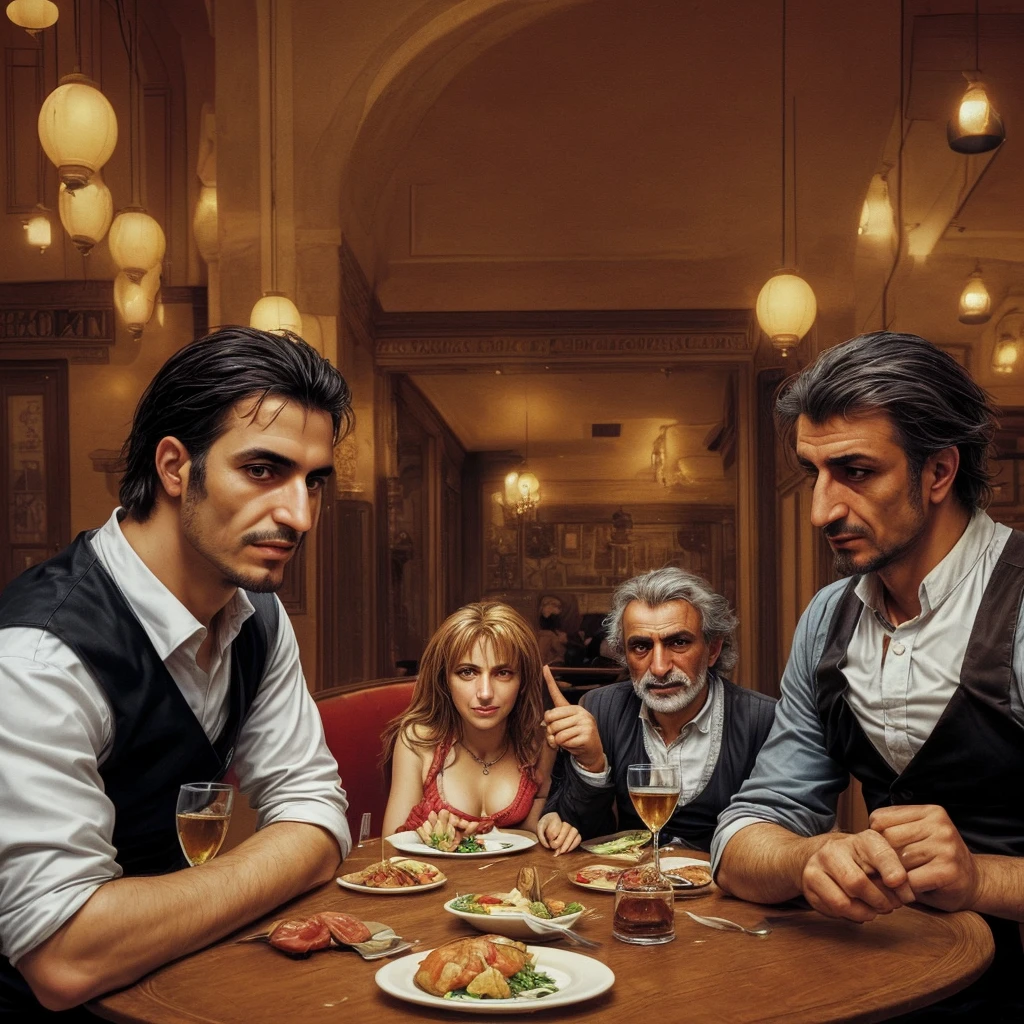 A German, a Turk and an Italian sitting at a table in a restaurant.
