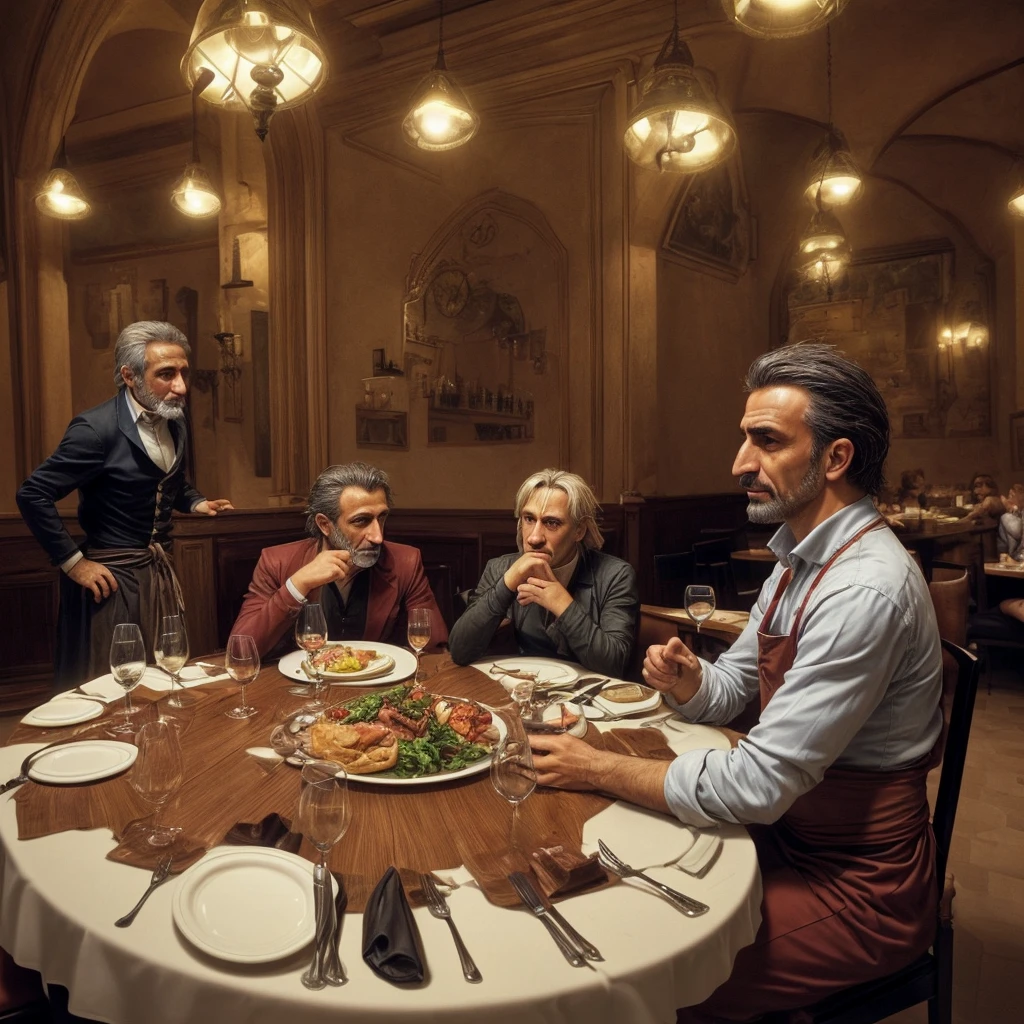 A German, a Turk and an Italian sitting at a table in a restaurant.