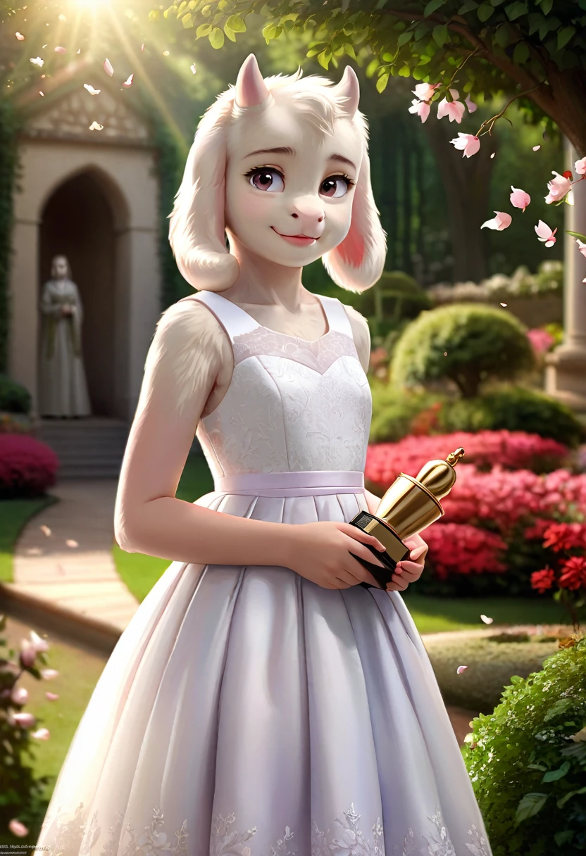 A beautiful young woman, detailed portrait, flawless skin, delicate facial features, serene expression, elegant white dress, petals falling around her, lush garden background, natural lighting, cinematic composition, (((photorealistic))), award winning portrait photo, ((furry, toriel, goat,fur)), looking at viewer