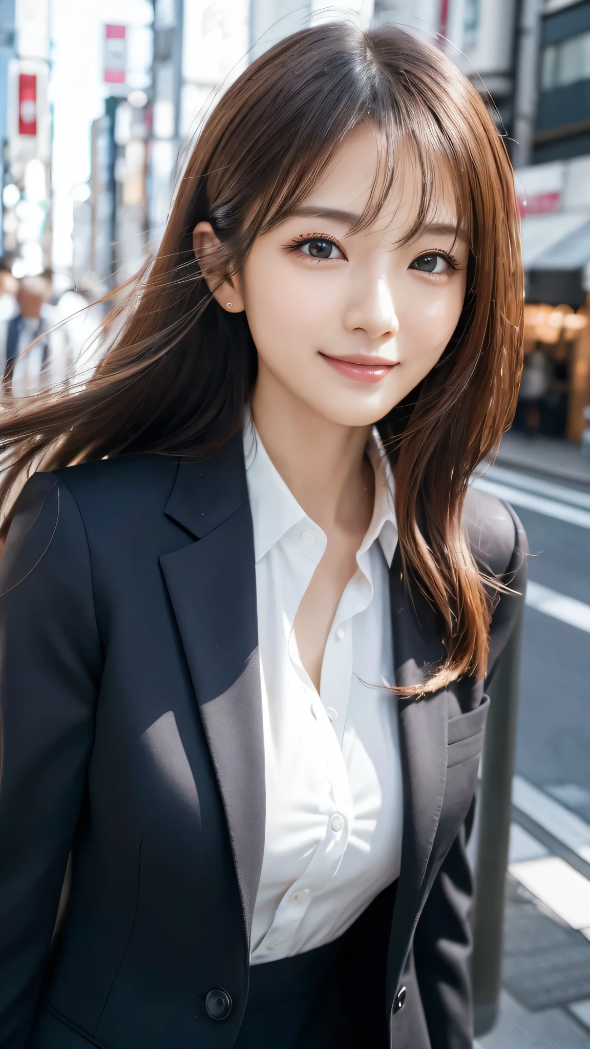 highest quality、genuine、Super detailed、finely、High resolution、8k wallpaper、one beautiful woman、、、light brown disheveled hair、wearing a business suit、sharp focus、perfect dynamic composition、beautiful and detailed eyes、thin hair、Detailed genuine skin texture、smile、model body shape、In Tokyo at morning、