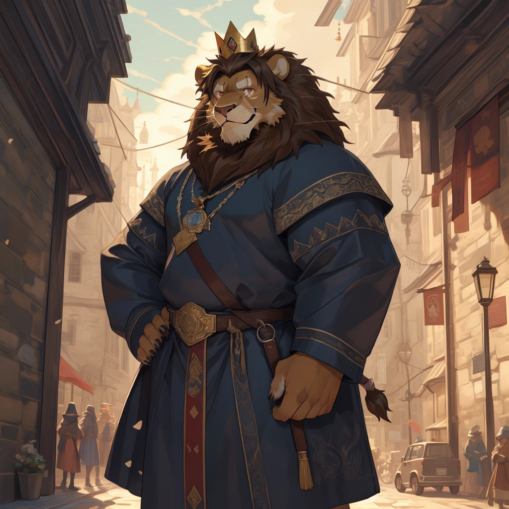 Male, solo, lion, (golden fur), red eyes, (brown hair, short hair), (cheek scar, old scar), (detailed face, detailed eyes, detailed), king, mature male, olde male, muscular male, masterpiece, best quality, standing, city, kimgdom, medieval king clothes, standing, hypermuscle, confident smile, crown