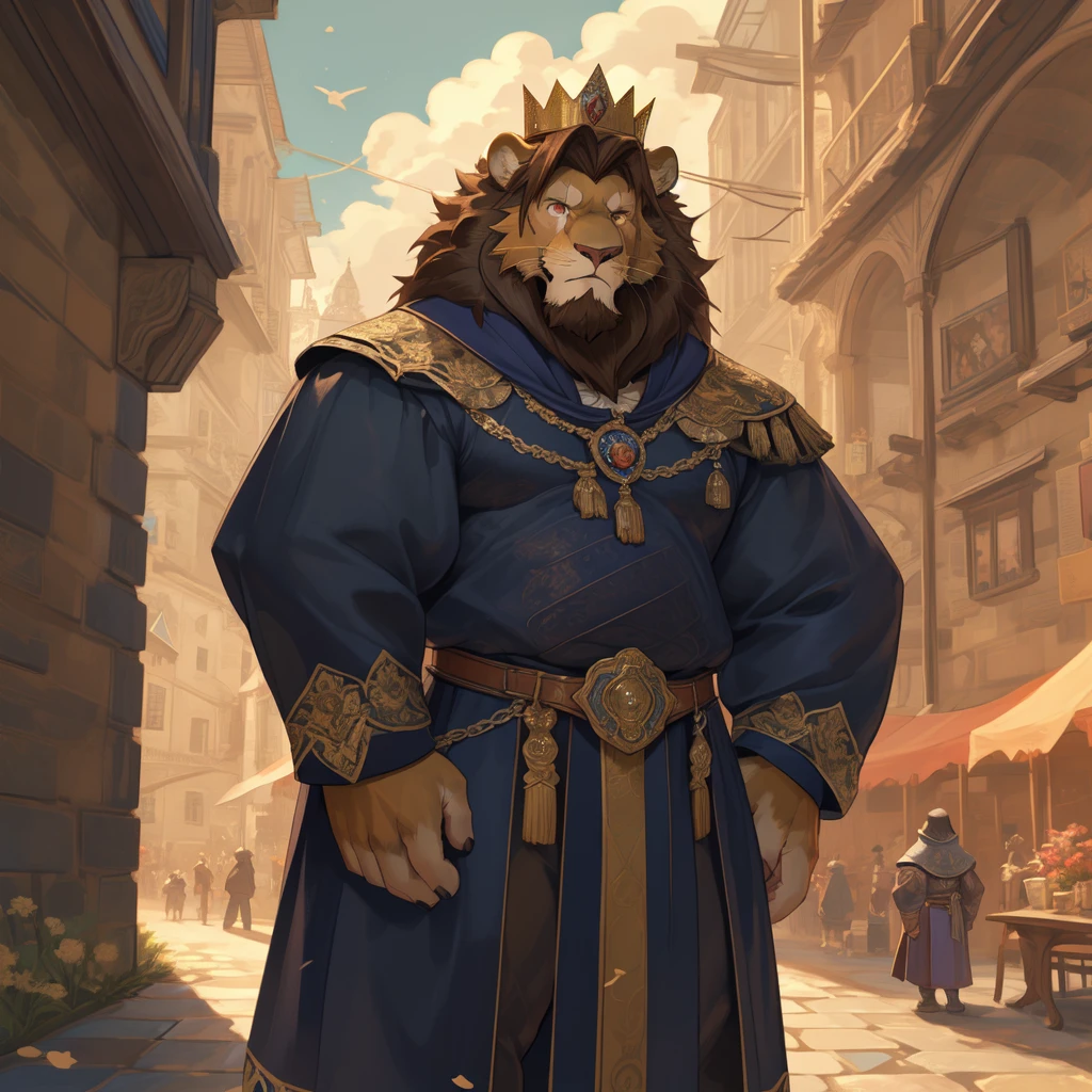 Male, solo, lion, (golden fur), red eyes, (brown hair, short hair), (cheek scar, old scar), (detailed face, detailed eyes, detailed), king, mature male, olde male, muscular male, masterpiece, best quality, standing, city, kimgdom, medieval king clothes, standing, hypermuscle, confident smile, crown