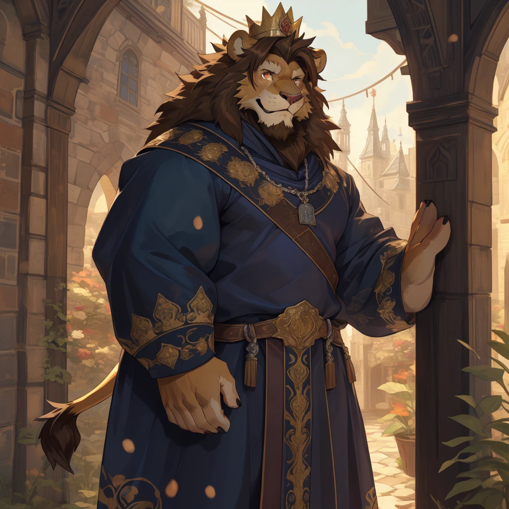 Male, solo, lion, (golden fur), red eyes, (brown hair, short hair), (cheek scar, old scar), (detailed face, detailed eyes, detailed), king, mature male, olde male, muscular male, masterpiece, best quality, standing, city, kimgdom, medieval king clothes, standing, hypermuscle, confident smile, crown